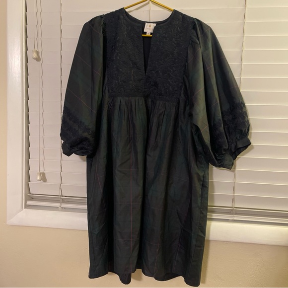 Marie Katrina Mini Dress Size S DarkPlaid Puff Sleeve Modest XmasChristmas